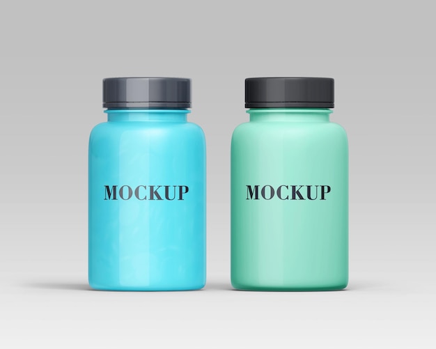 Mockup psd gratis twee flessen van een blauwe fles met het woord mockup erop