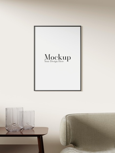 Mockup ramki fotograficznej zamontowanej na ścianie w minimalnym wnętrzu