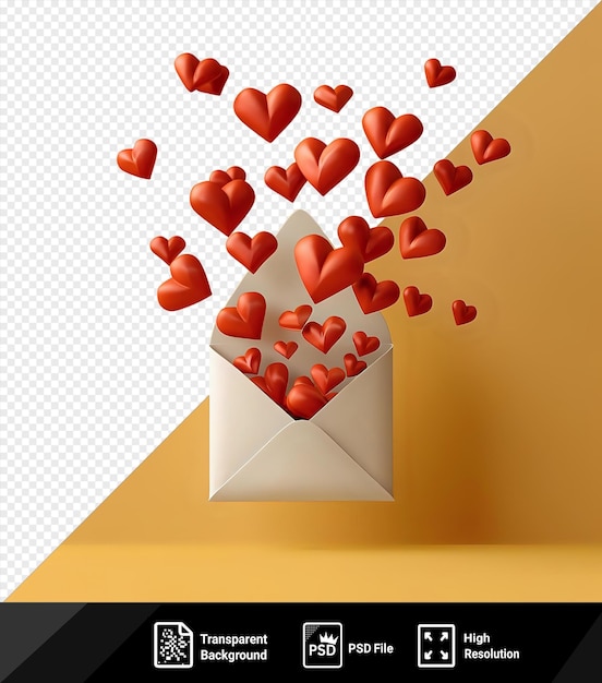 Mockup of red paper hearts coming out of a white envelope png