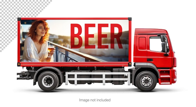 Mockup di un camion rosso con una pubblicità di birra