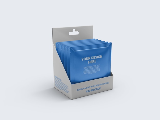 Mockup sachet in a display box packaging