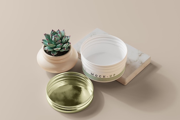 Mockup-scène voor cosmetische pot met metalen deksel