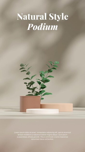 Mockup scene of white round podium in portrait with green plant and wall 3d image render