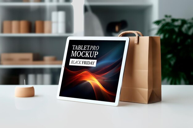 Mockup on screen of pro tablet on paper bag on a shop table