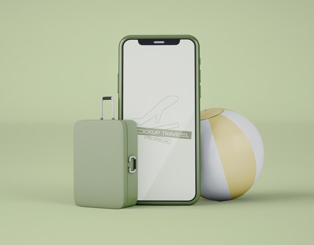画面スマートフォンのモックアップ。夏の旅行や旅行のコンセプトです。