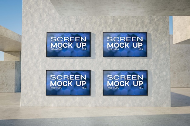 mockup of a set of four blank advertising posters or screens at outdoor