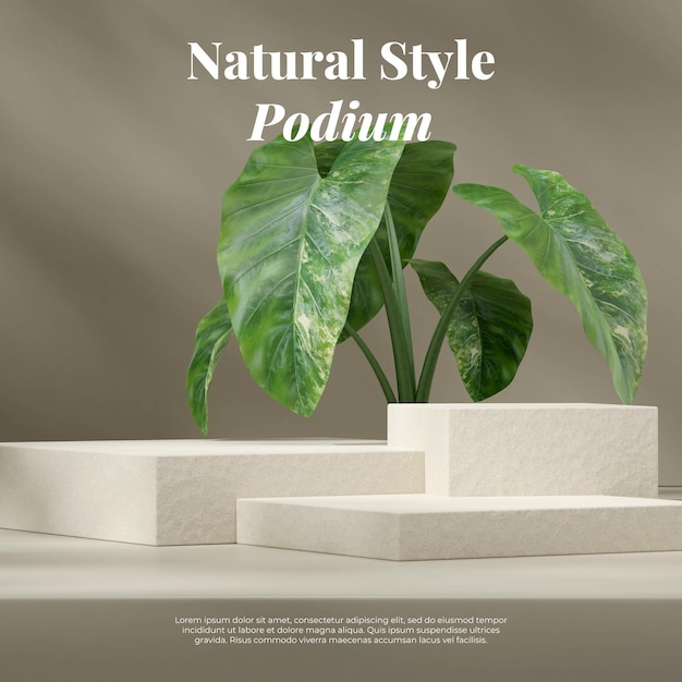 Mockup sjabloon 3d render afbeelding keramische natuurlijke textuur podium in vierkant met groene alocasia