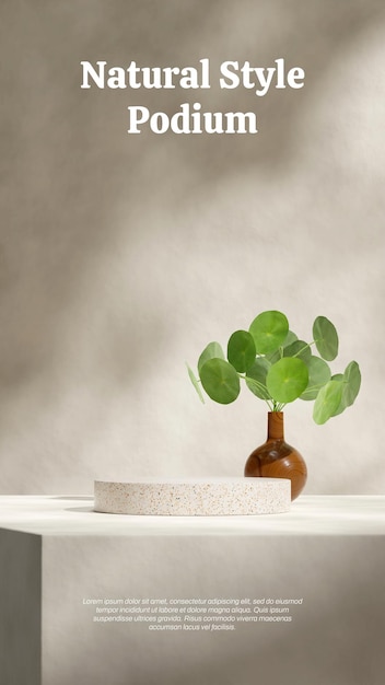mockup sjabloon terrazzo cilinderpodium in portret houten vaas groene kamerplant 3D-rendering