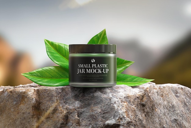 Mockup of small natural herbal cosmetic jar for skincare