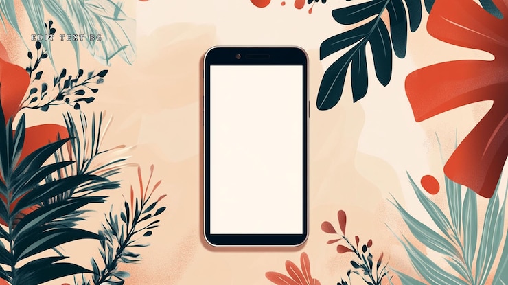 PSD mockup smartfonu z pustym ekranem otoczonym tropikalnymi liśćmi i akwarelowym tłem