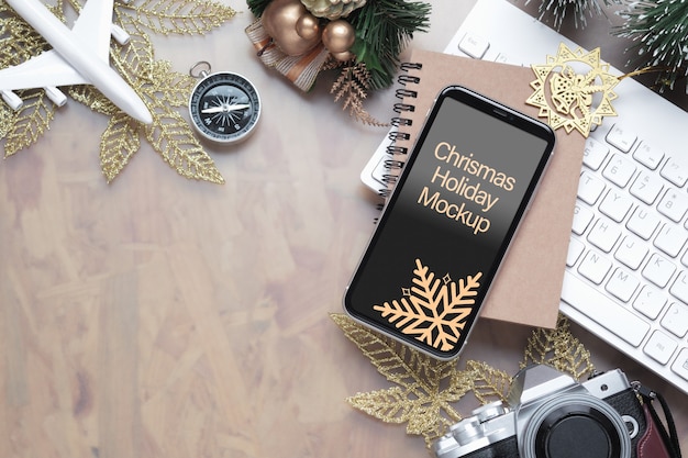 Mockup smartphone for Christmas New Year holiday travel background concept