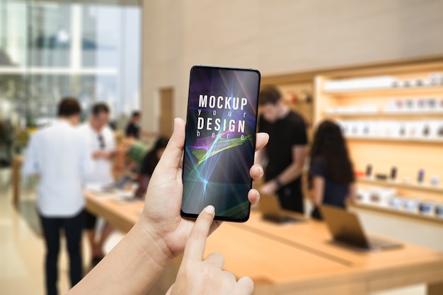 PSD mockup-smartphone in de moderne it- en gadget-winkel