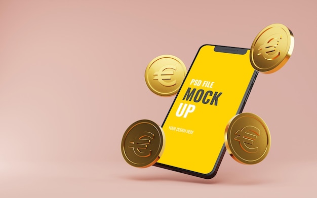 Mockup-smartphone met zwevende gouden euromunten