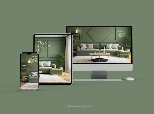 PSD mockup di desktop per smartphone e tablet per uiux product showcase 3d render