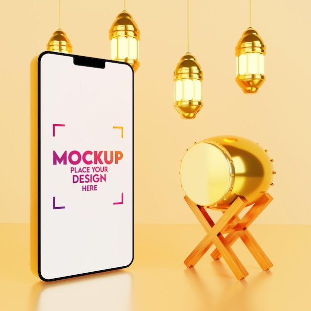 mockup smartphone with 3d arabic lantern and islamic drum