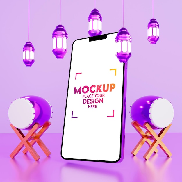 Mockup smartphone with 3d arabic lantern and islamic drum