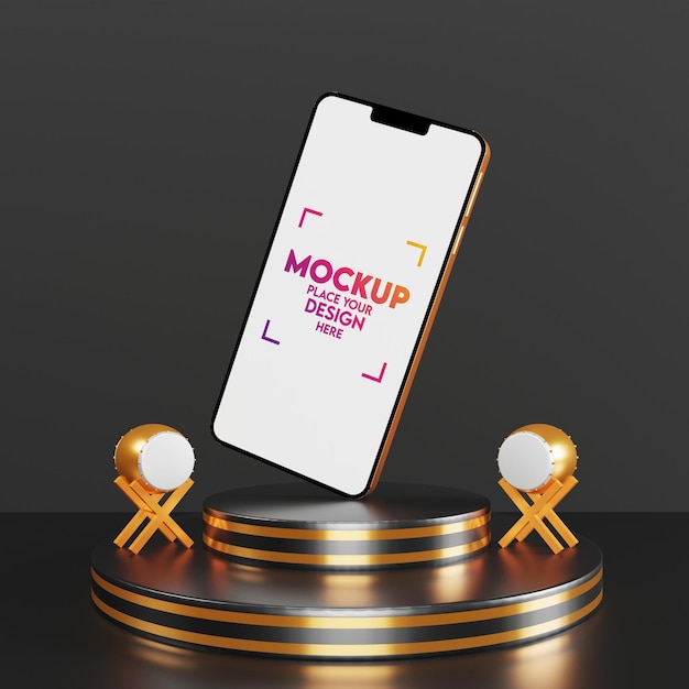 PSD mockup smartphone with 3d islamic drum on podium