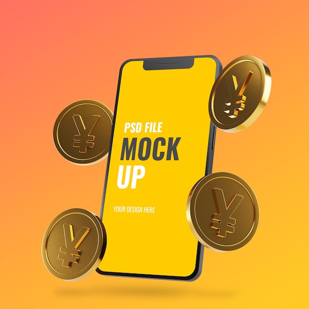 Smartphone mockup con monete yen dorate galleggianti