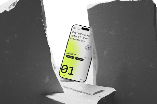 Mockup of a smartphone with a green and white screen placed between two stones