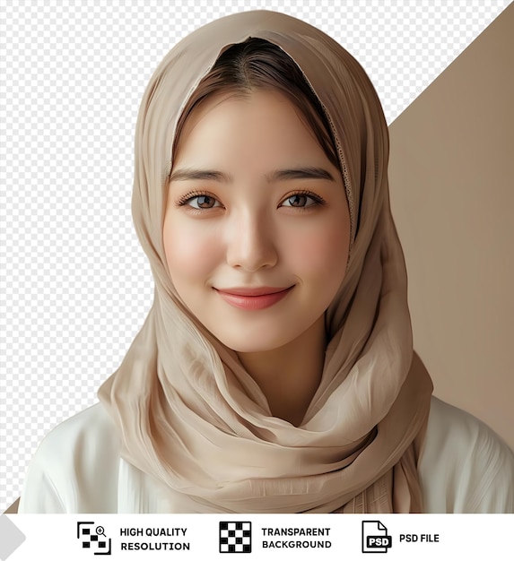 Mockup of a smiling student with brown eyes eyebrows and a small nose wearing a white shirt and scarf png