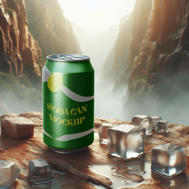 Mockup of a soda can siiting on the hill with some ice cubes laying around