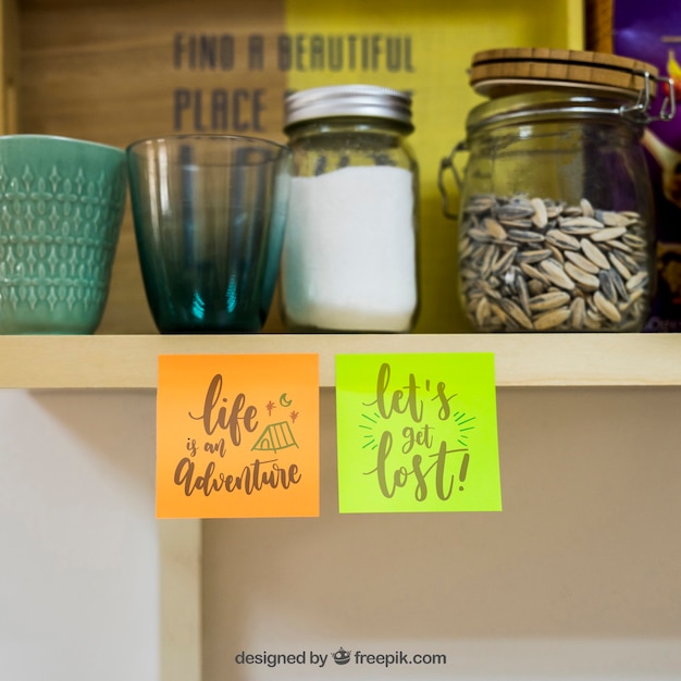 mockup of sticky notes in kitchen