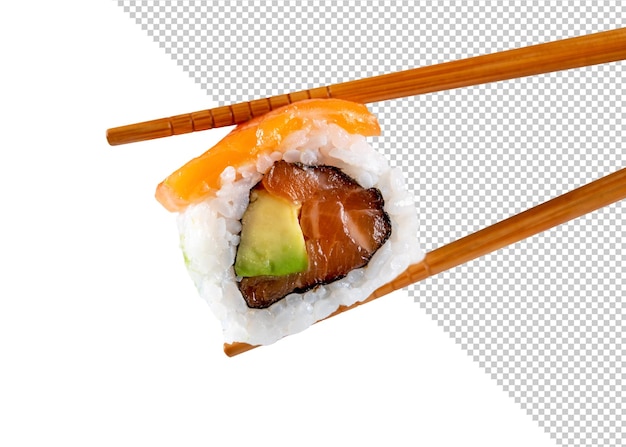 PSD mockup of a sushi roll in chopsticks