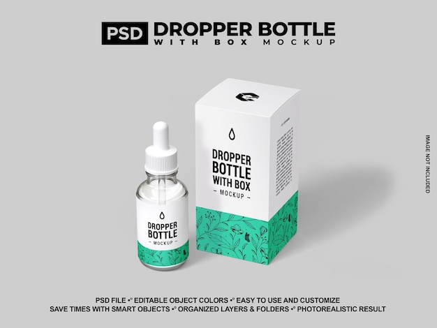 Mockup szklanej butelki do pielęgnacji skóry psd z opakowaniem produktów kosmetycznych Dropper Set Mockup do brandingu