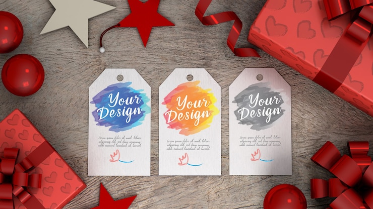 PSD mockup tag gift with white paper rectangle shape  
