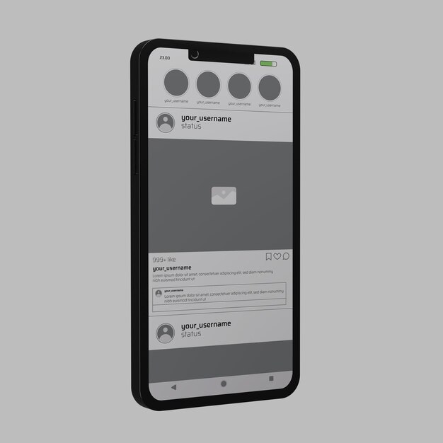 Mockup-telefoon aan één kant met scherm voor sociale media