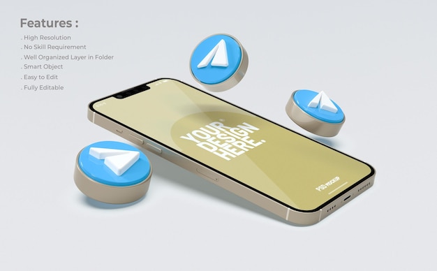 Мокап telegram на мобильном телефоне с 3d значком