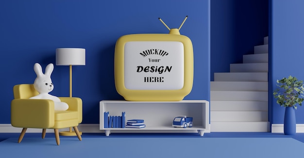 PSD mockup telaio della televisione con cute bambola di coniglio 3d interior rendering design