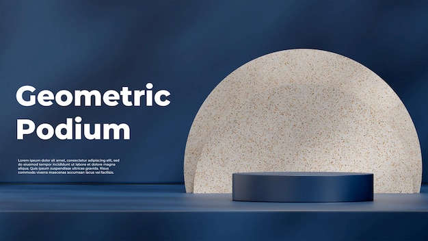 Mockup template 3d render of dark blue podium in landscape with terrazzo texture circle backdrop
