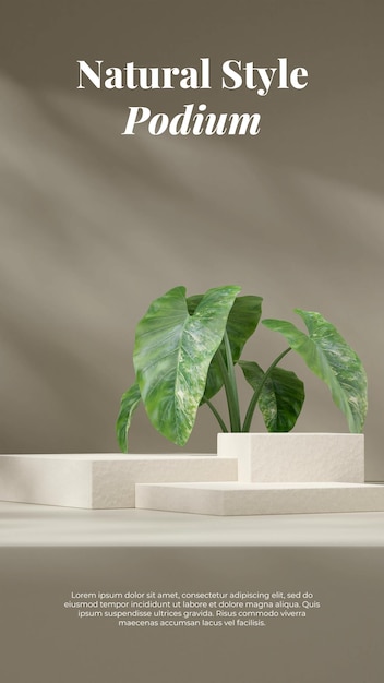 Mockup template 3d render image ceramic natural texture podium in portrait with green alocasia