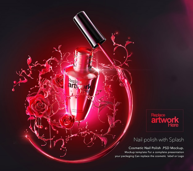 PSD mockup template of nail polish cosmetic product package and splash into rose shape background.