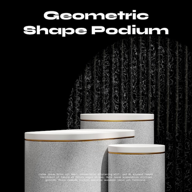 Mockup template white granite and gold podium in square black marble wall 3d rendering