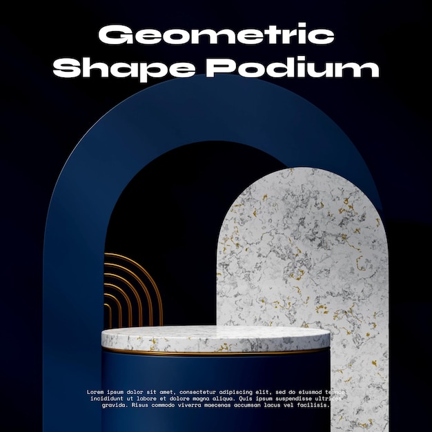 사각 파란색과 금색 아치 3d 렌더링의 모형 템플릿 흰색 대리석 및 금 연단