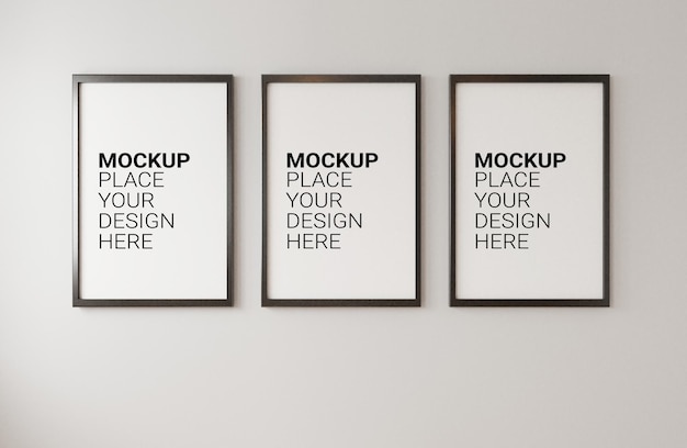 Mockup Three empty photo frame for mockup in empty white room Template PSD