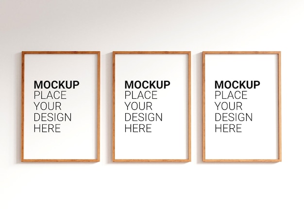 Mockup Three empty photo frame for mockup in empty white room Template PSD