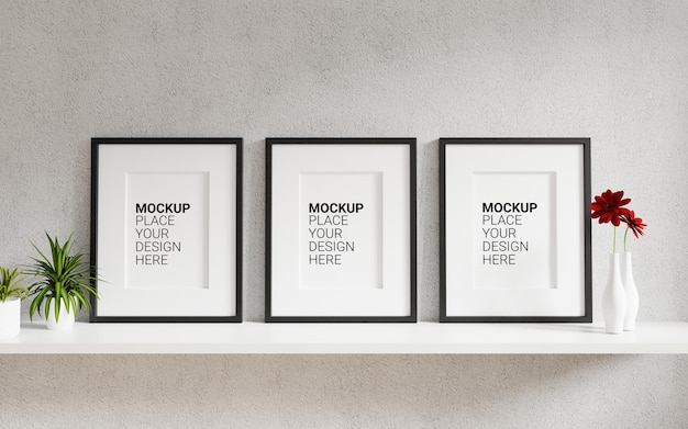 PSD mockup three empty photo frame for mockup in empty white room template psd