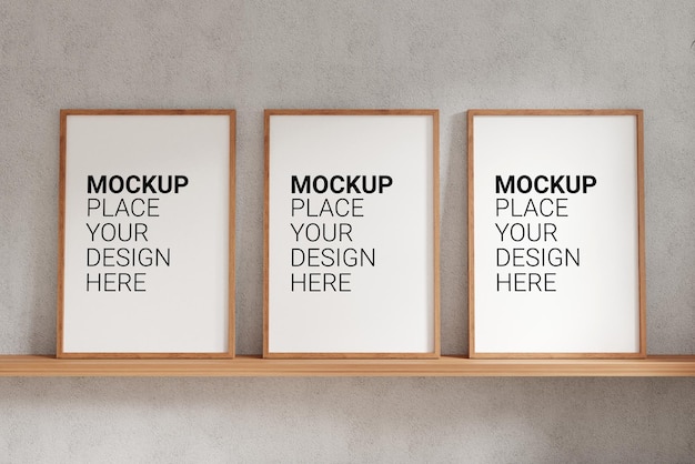 Mockup Three empty photo frame for mockup in empty white room Template PSD