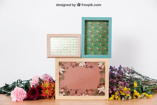 Mockup of three frames between flowers