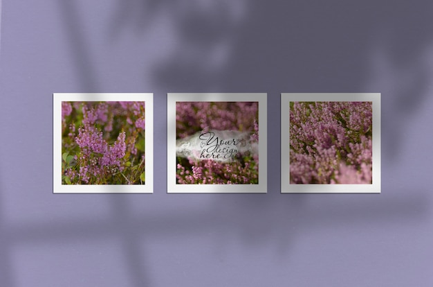 Mockup of three posters on a purple wall with window and tree shadows