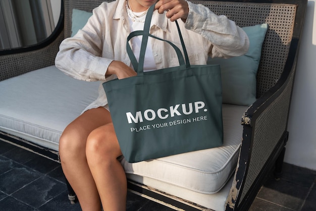 PSD mockup tote bag eco model holding