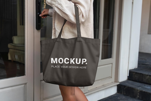 PSD mockup tote bag eco model holding