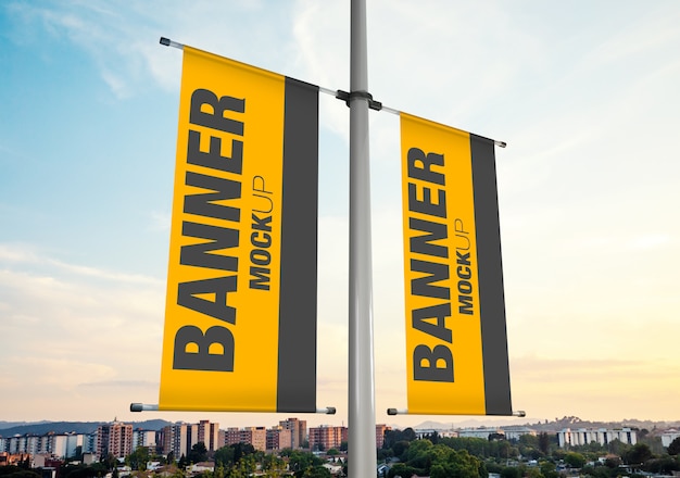 Mockup of two advertising flags hanging on a lamppost