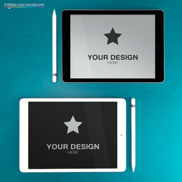 PSD mockup per due ipad 4 con penna stilo su colore di sfondo modificabile