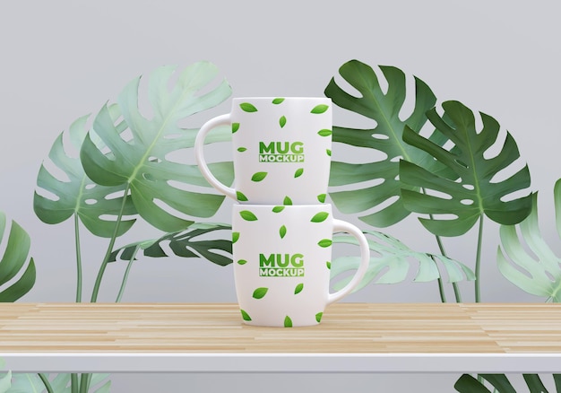 Mockup two mug  with foliage design