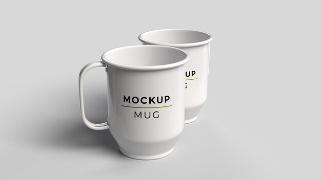mockup of two white metal mugs on white background top view