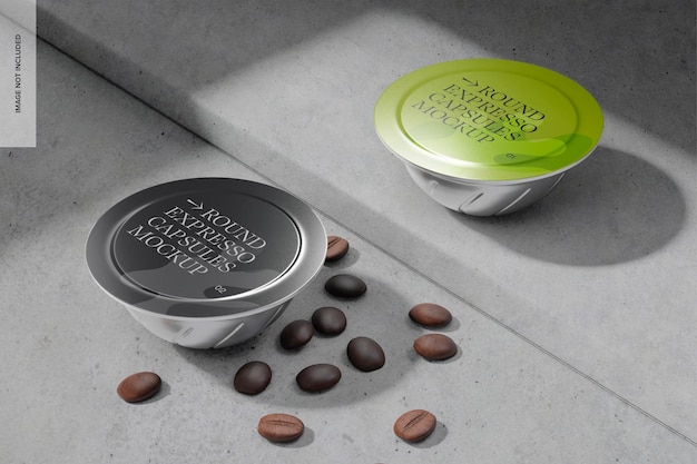Mockup van aluminium ronde espresso-capsules, perspectief